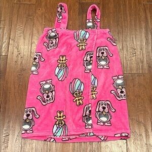 Pink Plush Troll / Dog Print Towel Wrap Robe ONE SIZE